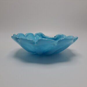 Vintage Blue Murano Glass Scalloped Decorative Bowl With Gold Accents